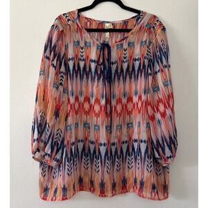 Chenault Top Plus 2X Boho Colorful Tie SS Balloon Sleeve Southwestern Sheer USA